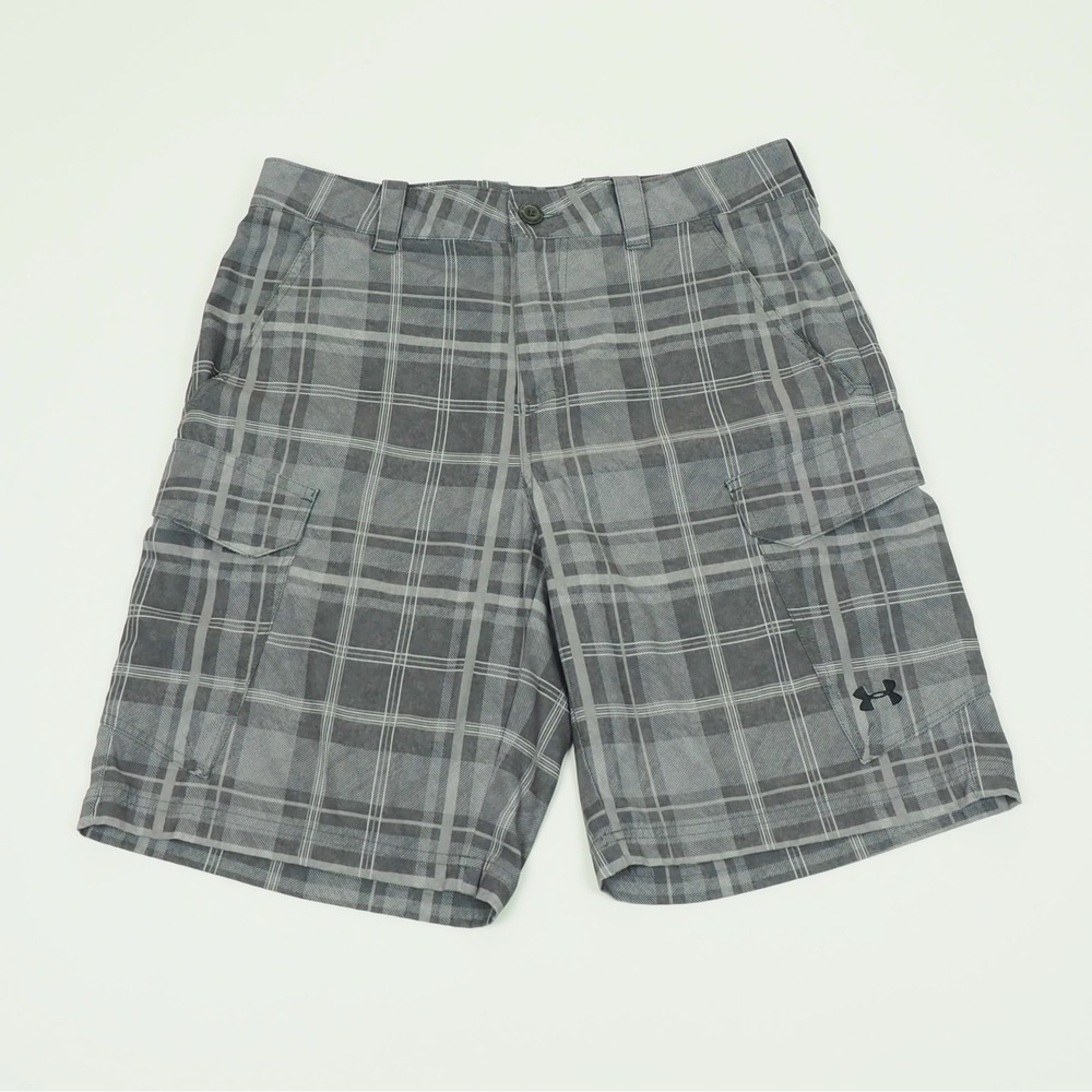 Under Armour Fish Hunter Fishing Cargo Shorts Mens 34 Gray Plaid Outdoor Hiking